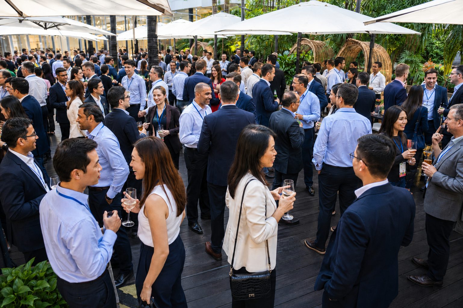 Busy professional networking cocktail scene showing energy and community connection