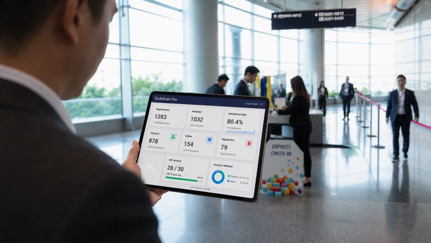 Operational dashboard on an iPad at the event check-in area