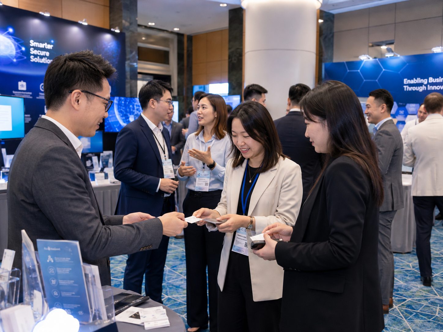 Delegates exchanging business cards in an exhibition area, showing sponsor interaction and commercial value