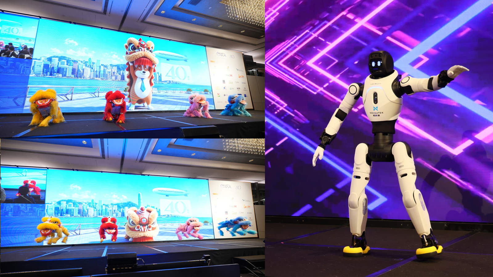 Robot performer combining lion dance and choreographed dance on the event floor