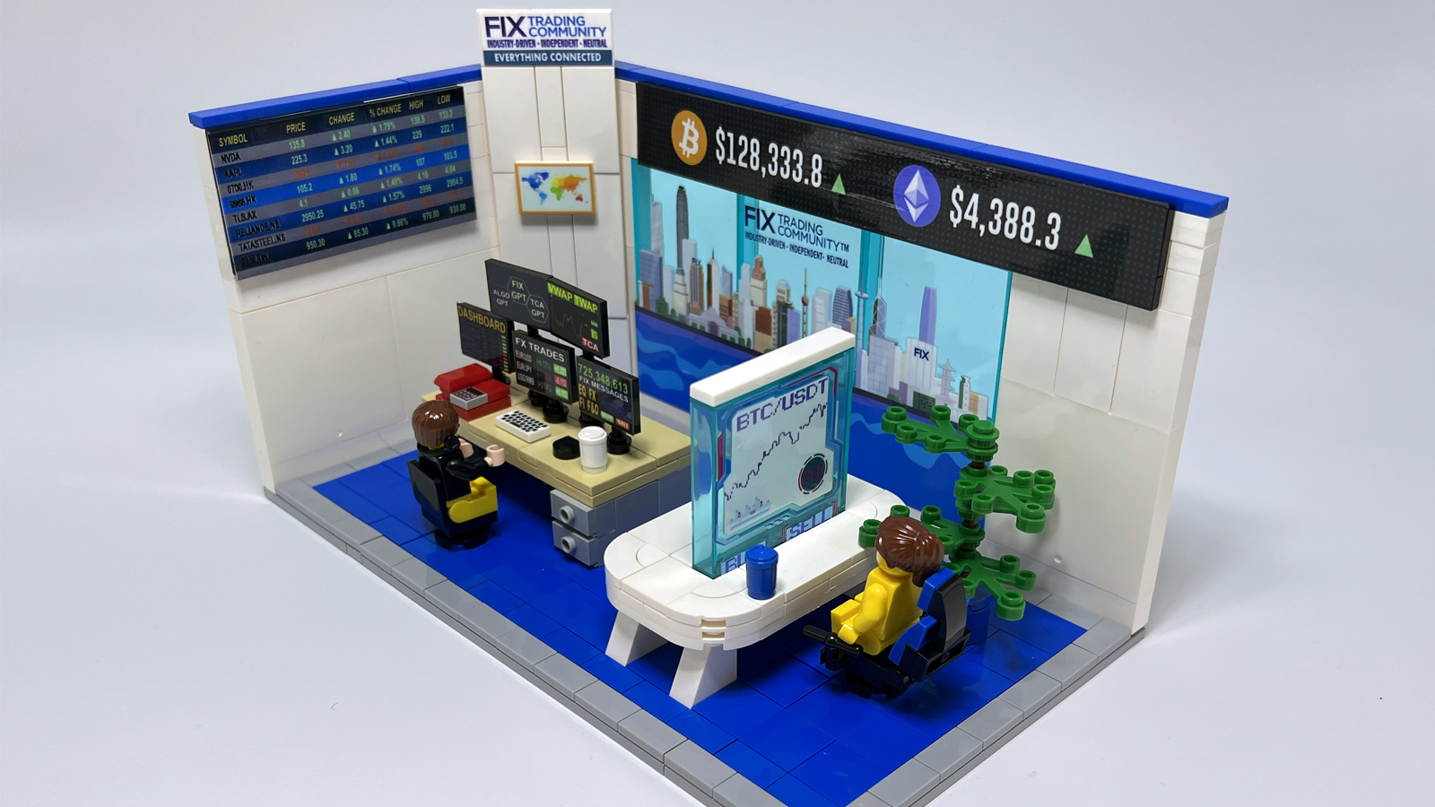 LEGO-style building block souvenir set recreating a trading floor scene